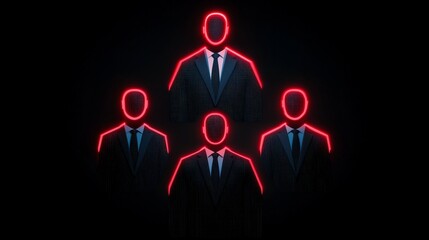 Symbolize of organization chart. Digital silhouettes of business figures with glowing outlines.