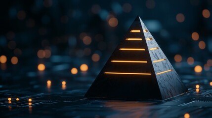 Symbolize of organization chart. Illuminated pyramid against a dark, blurred background of lights.