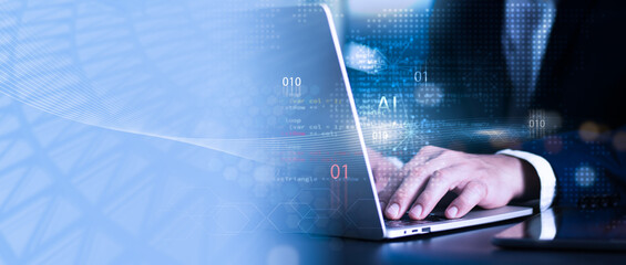 Artificial Intelligence (AI) concept with businessman typing on laptop, digital binary code,...
