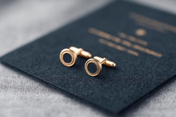 flat-lay of nobel ceremony invitation card boutonniere and cufflinks on black velvet cloth