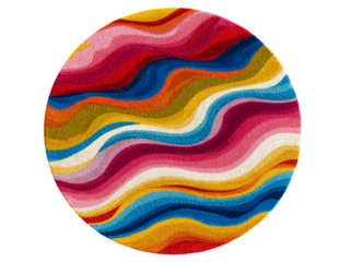 Rug round carpet design with colorful wavy patterns, transparent background PNG