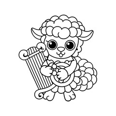Fototapeta premium Lamb Playing Harp with Friends Coloring Page
