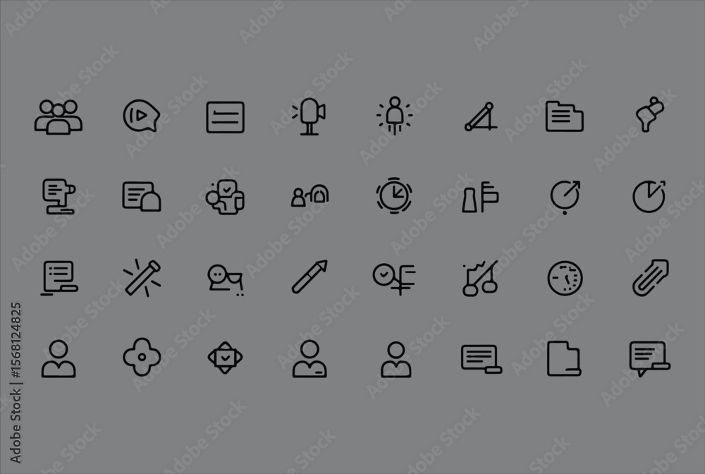 Poster a collection of modern minimalist outline icons representing business concepts like teamwork communi