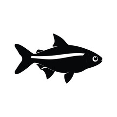 A sleek black fish silhouette with a single white stripe marking its body