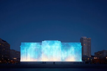 drone-view of evening light projection show on municipal building façade in central square
