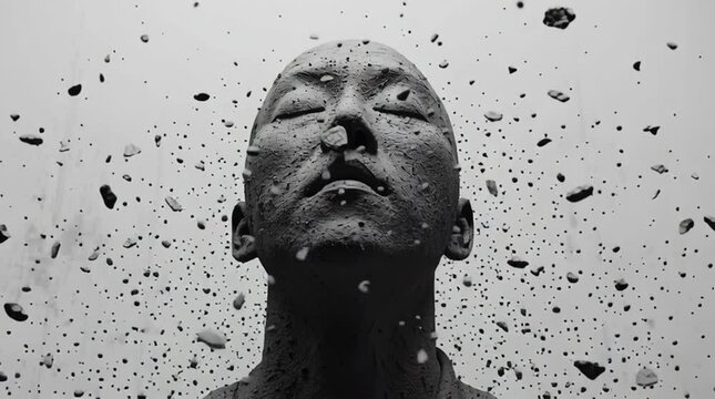 Monochrome clay face breaking into flying debris, surreal explosion of human head in slow motion, abstract concept of awakening, rebirth, or inner struggle