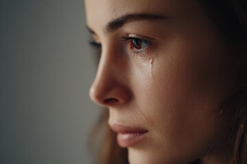 Fototapeta premium tear runs down young woman cheek under soft light in neutral room