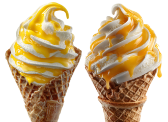 Two mango ice cream cones isolated on transparent background