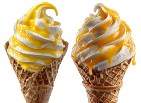 Two mango ice cream cones isolated on transparent background