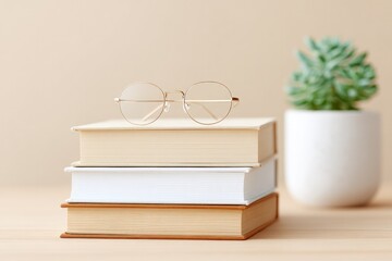 shelf with textbooks glasses and sticky notes beside small plant