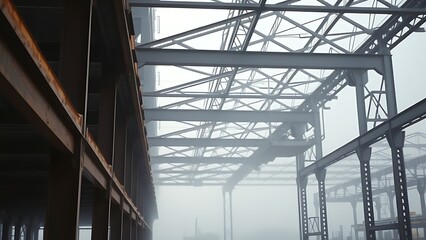 Obraz premium Steel beams rise through morning fog at a construction site, creating a striking diagonal composition.