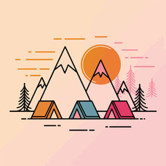 Colorful tents set against majestic mountains at sunset