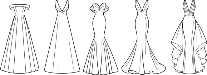 Elegant formal evening gowns technical sketch, fashion illustration of five dress designs with various necklines and silhouettes, black and white