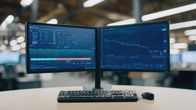 drone-view overhead of dual-monitor trading setup showing portfolio performance and risk heatmap in trading office