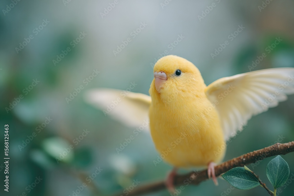 Poster close-up of budgie spreading wings on branch with soft forest background