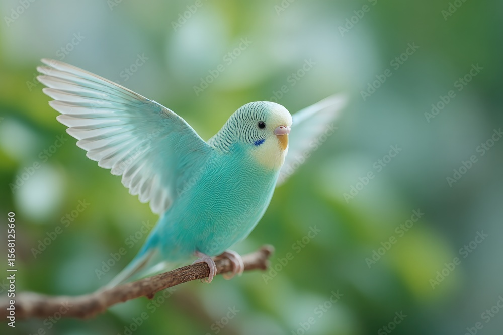 Poster close-up of budgie spreading wings on branch with soft forest background
