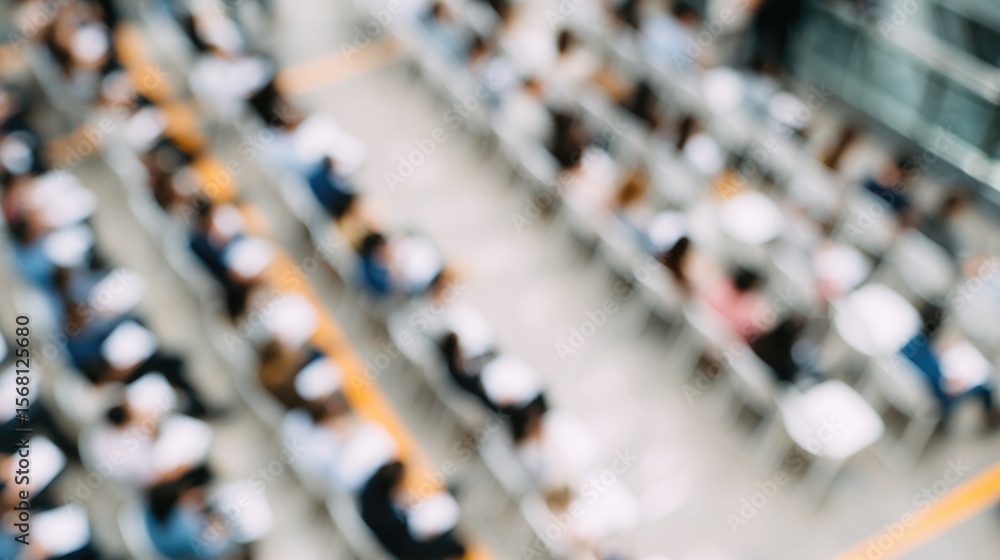 Poster drone-view overhead of networking session at conference rows of white chairs and attendees holding n