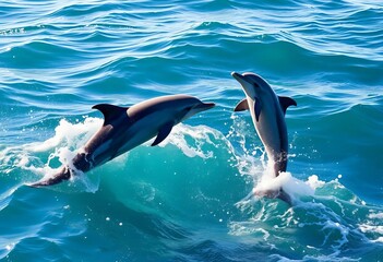 Obraz premium Dolphins leap and playfully interact in sunlit ocean waves, marine biology, sunlight