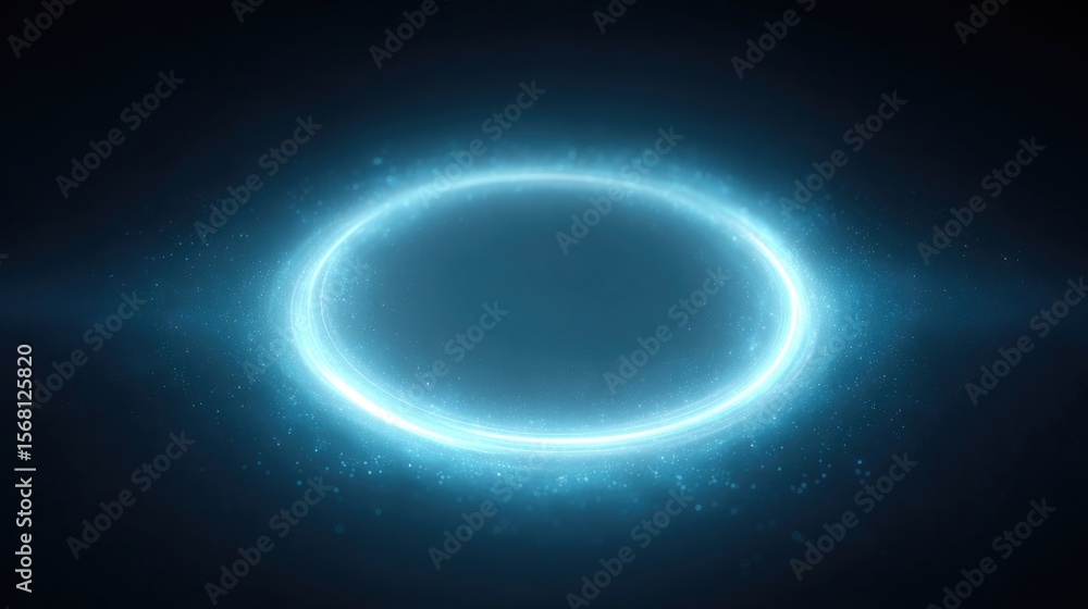 Poster drone-view abstraction of invisible force fields represented by concentric glowing rings on dark blu