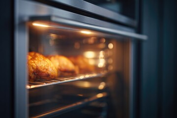 Obraz premium portrait render of transparent smart oven door revealing rack with roast chicken inside warm light visible through