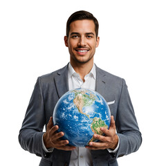 Confident and smiling young businessman holding a vibrant globe in his hands, looking at the camera with a sense of global responsibility, on an isolated transparent background.