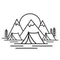 Tents are set up in front of mountains under the sun