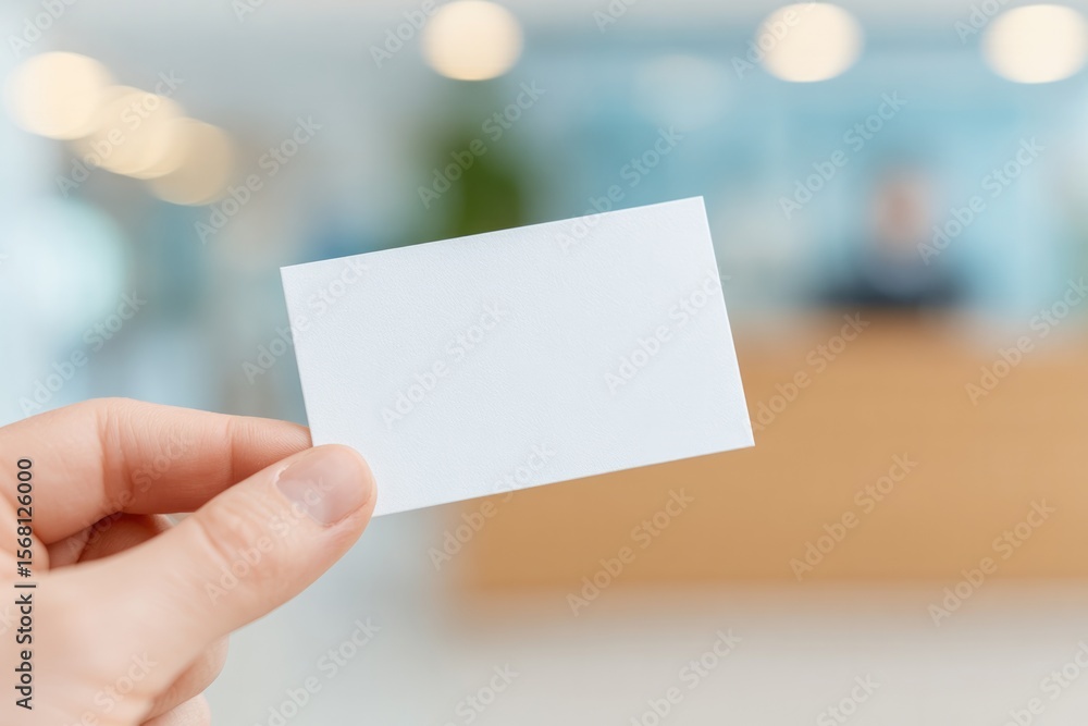 Poster close-up of hands exchanging business card in co-working lobby with blurred reception desk behind