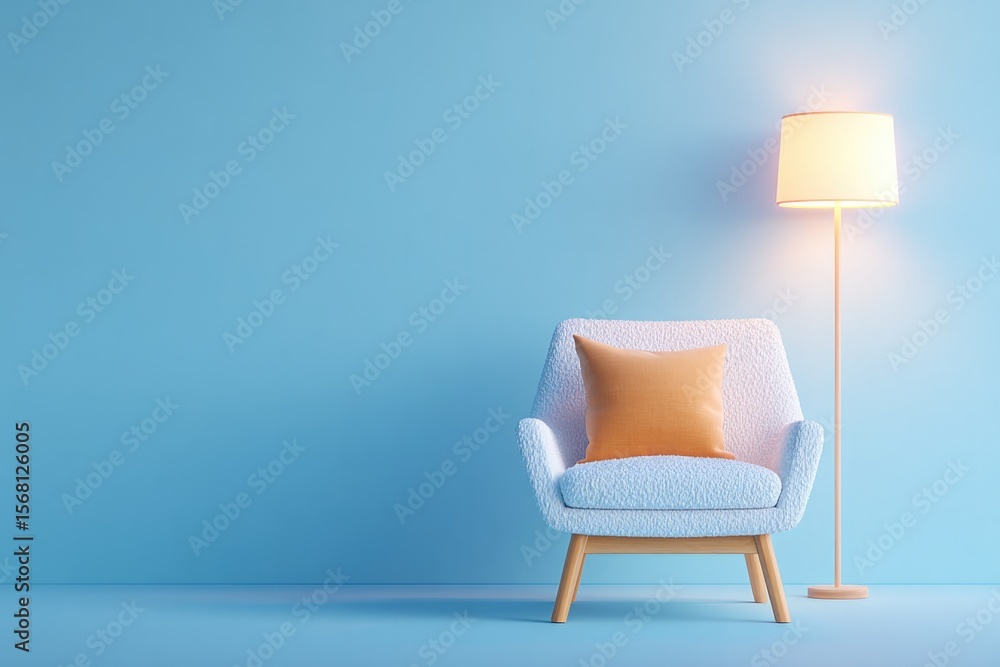 Poster portrait of cozy reading corner with color-coordinated cushion and floor lamp casting ambient light