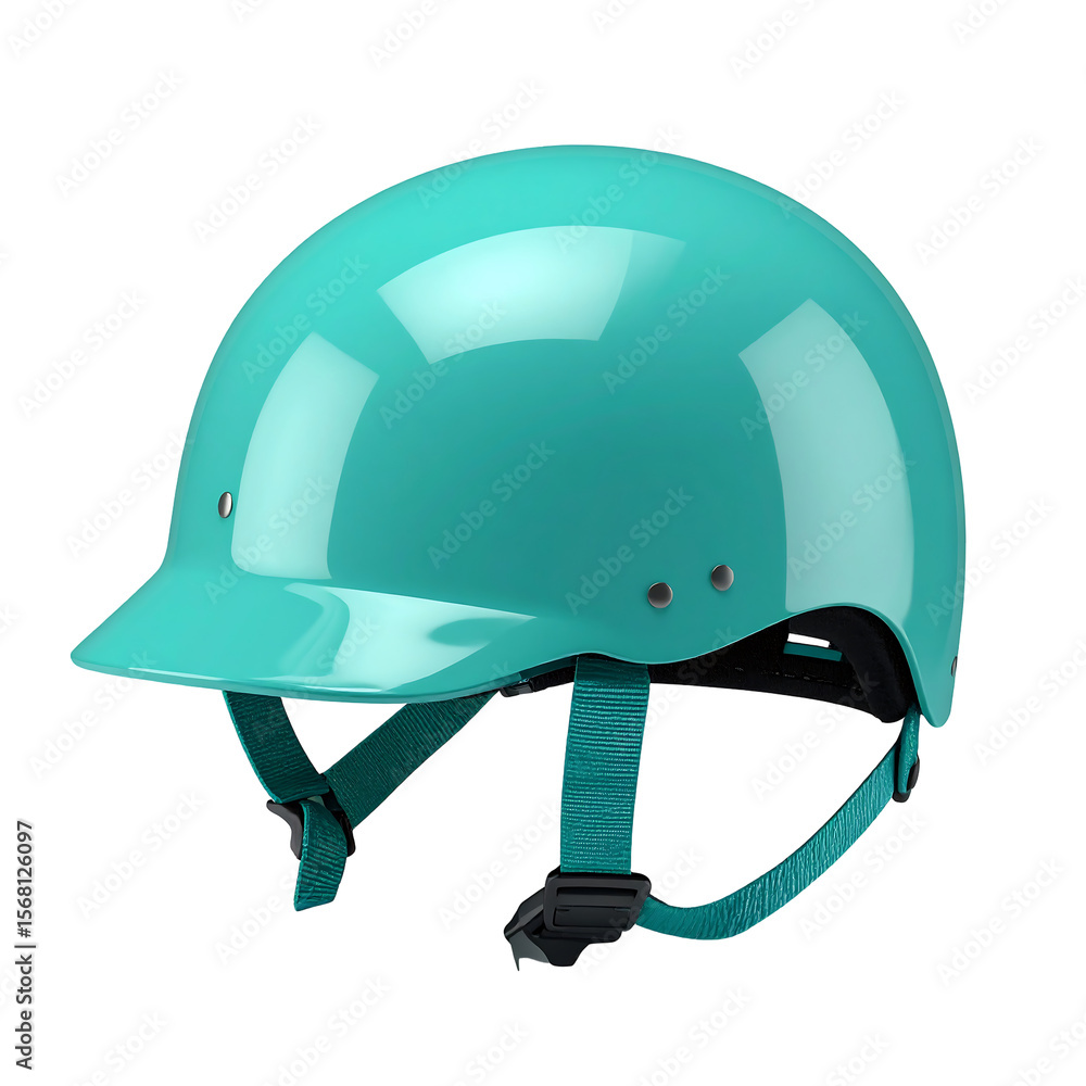 Poster glossy turquoise helmet floating on a transparent background featuring clean design and minimalist