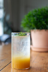 Refreshing glass of orange juice with a hint of mint, placed on a wooden table beside a vibrant green plant.