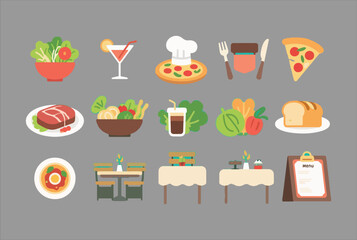 A collection of flat design icons depicting various food items drinks dining settings and restaurant elements on a neutral gray background
