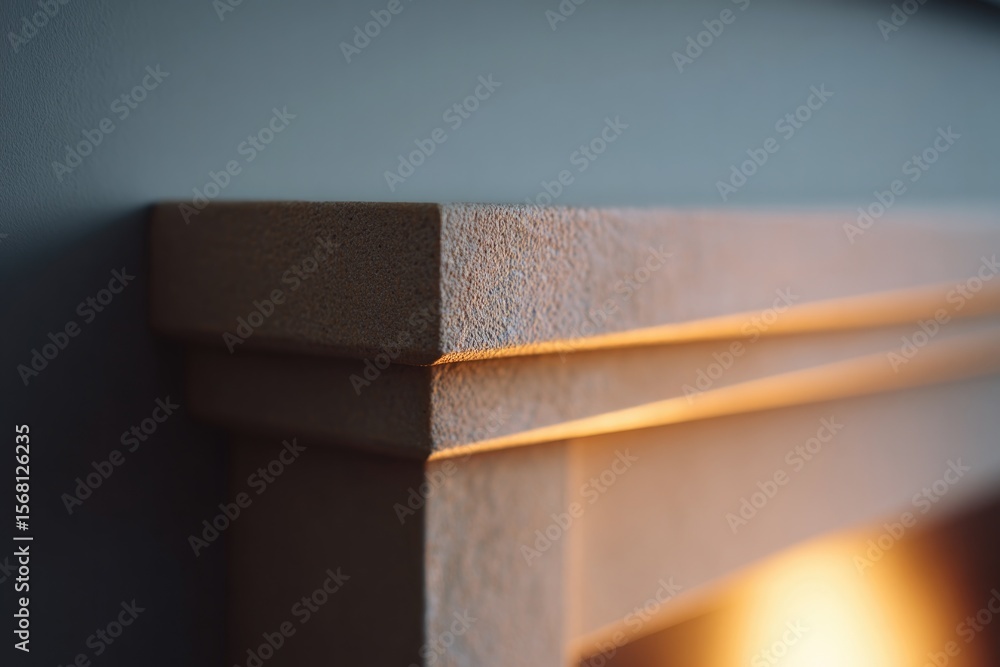 Poster close-up of fireplace mantel edge with curved trim casting warm shadows texture precise