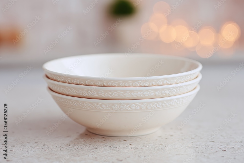 Poster stacked bowls with matching decorative patterns on edge of countertop