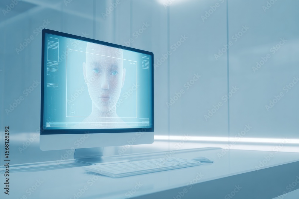 Aufkleber minimalist scene with computer screen displaying facial recognition software interface