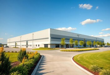 Obraz premium Sleek modern warehouse, sunny day, manicured landscaping, industrial park setting, commercial, structure