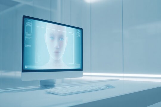minimalist scene with computer screen displaying facial recognition software interface