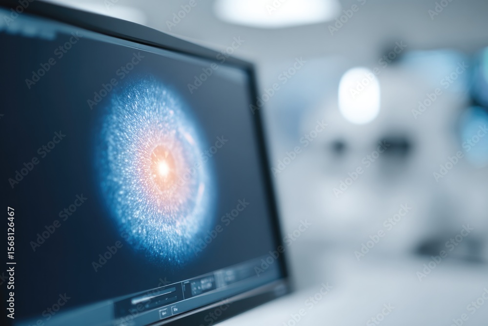 Poster close-up of retina scan image displayed on high-resolution monitor in ophthalmology lab