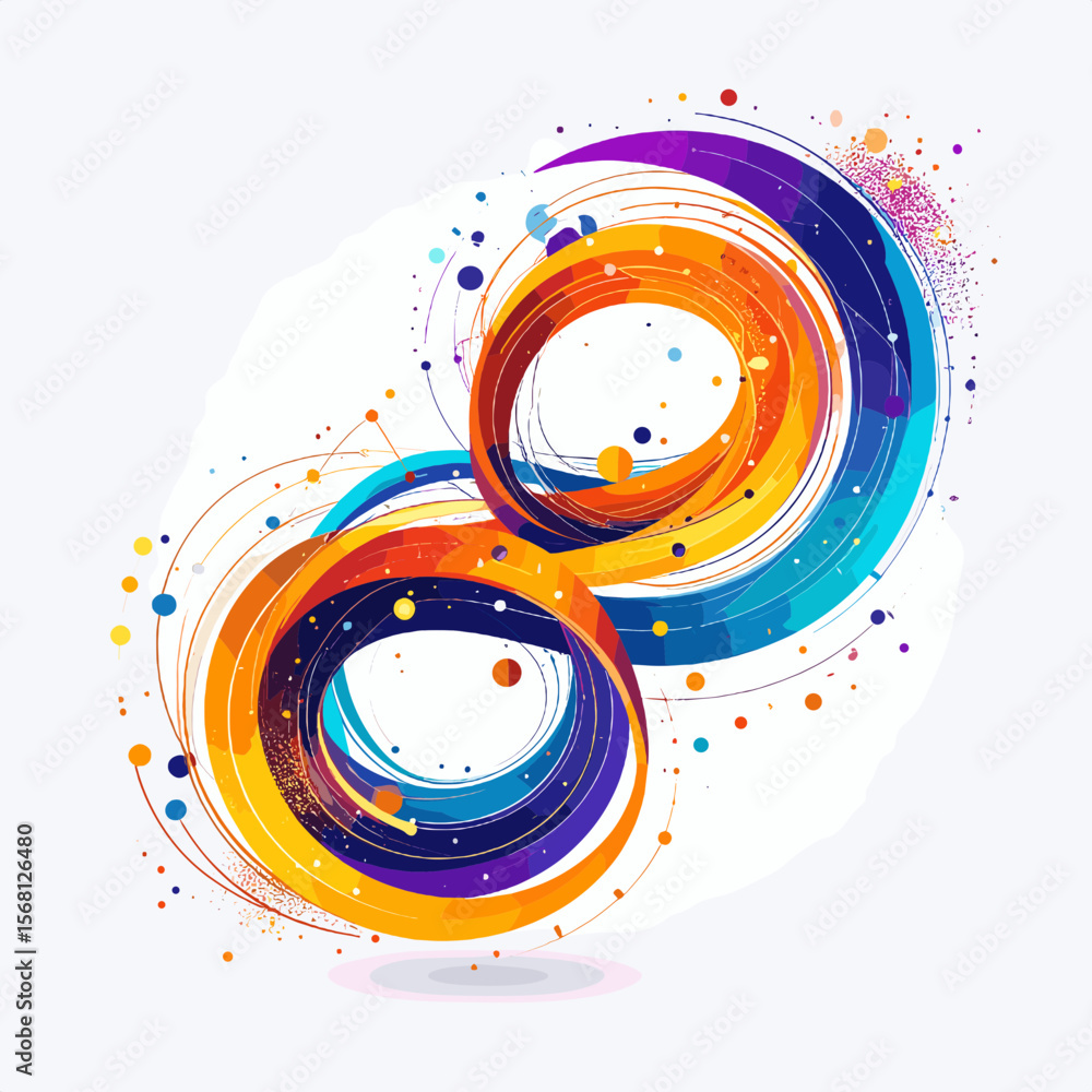 Poster vibrant abstract circular swirl design with splatter elements on white backdrop artistic modern deco
