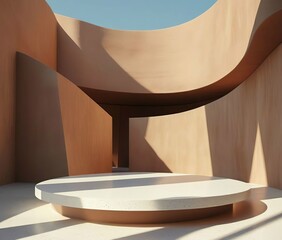 Minimalist product display scene featuring circular podium placed in center of a beautiful decoration. Elegant beige curtains drape gracefully on both sides, revealing a serene, abstract background.