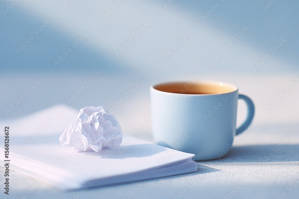Poster flat-lay of crumbled to-do list and empty coffee mug on desk under afternoon light