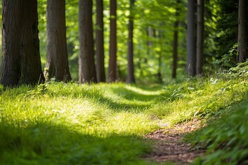 Sunlit forest path surrounded by lush green grass and tall trees creating a peaceful and inviting natural atmosphere for a tranquil walk