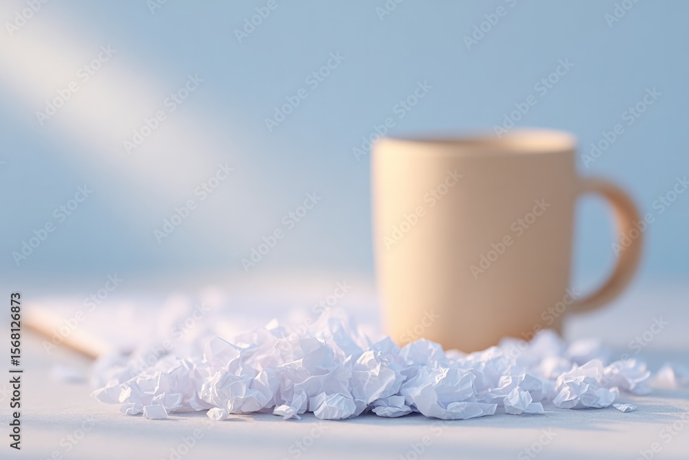 Poster flat-lay of crumbled to-do list and empty coffee mug on desk under afternoon light
