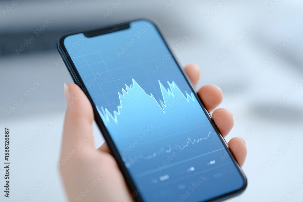 Poster close-up of smartphone showing declining crypto portfolio performance graph beside anxious hands