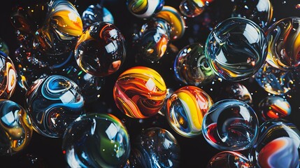 Colorful Swirling Glass Marbles Floating in Dark Background