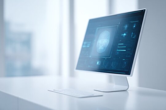 minimalist scene with computer screen displaying facial recognition software interface
