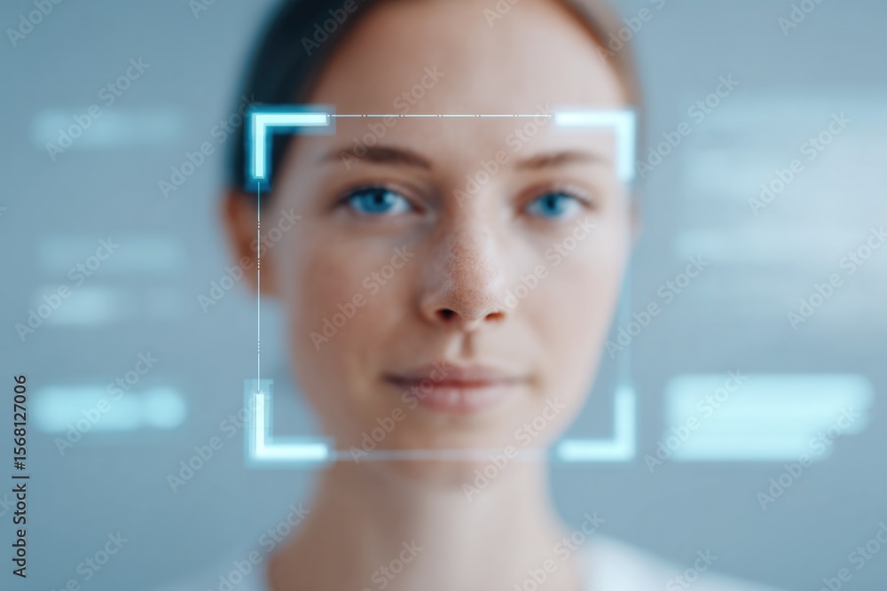 Poster sleek minimalistic image of facial recognition interface overlay on neutral background with ample co