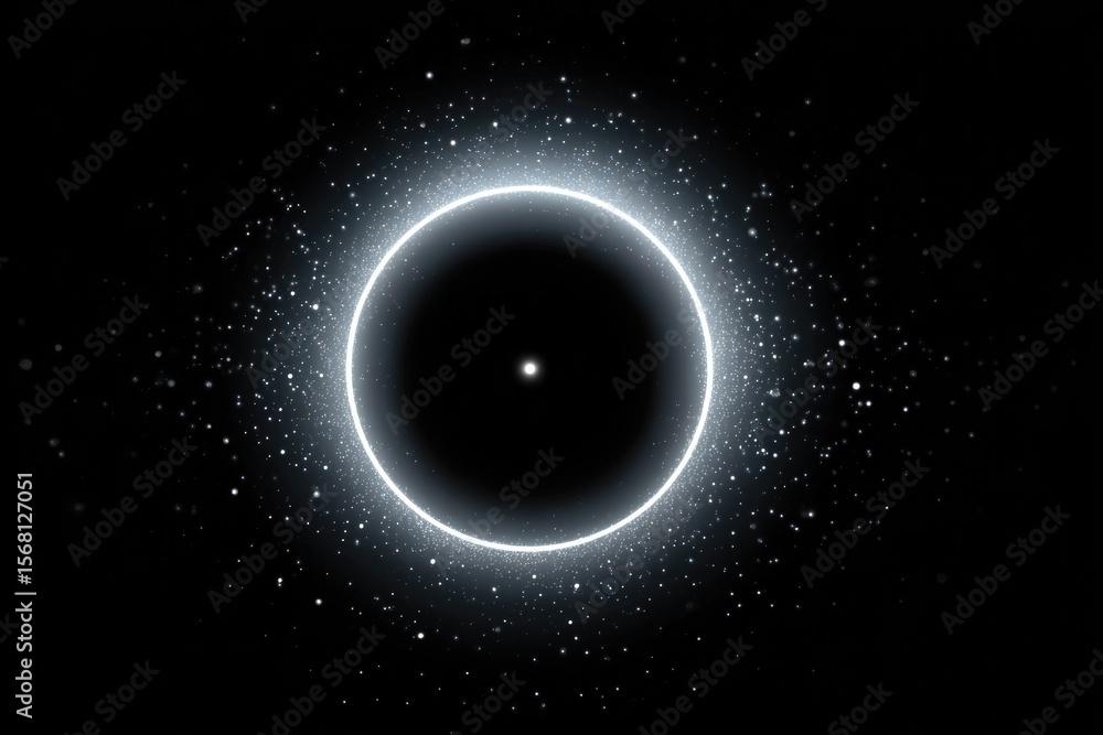 Poster radial fractal dispersion forming broken ring of dots over solid black field central axis clear