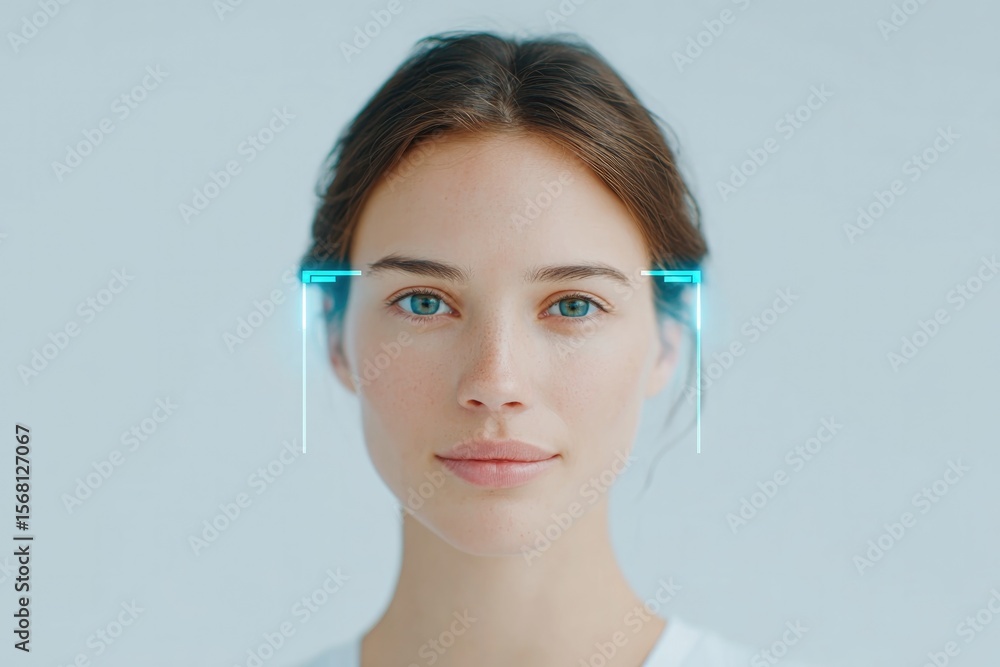 Poster sleek minimalistic image of facial recognition interface overlay on neutral background with ample co