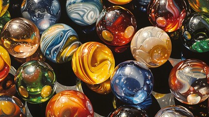Colorful Glass Marbles in a Variety of Patterns and Light Reflections