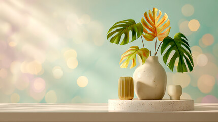 3D rendering of a white concrete table with leaves and a vase on a pastel background with sun rays and a bokeh effect